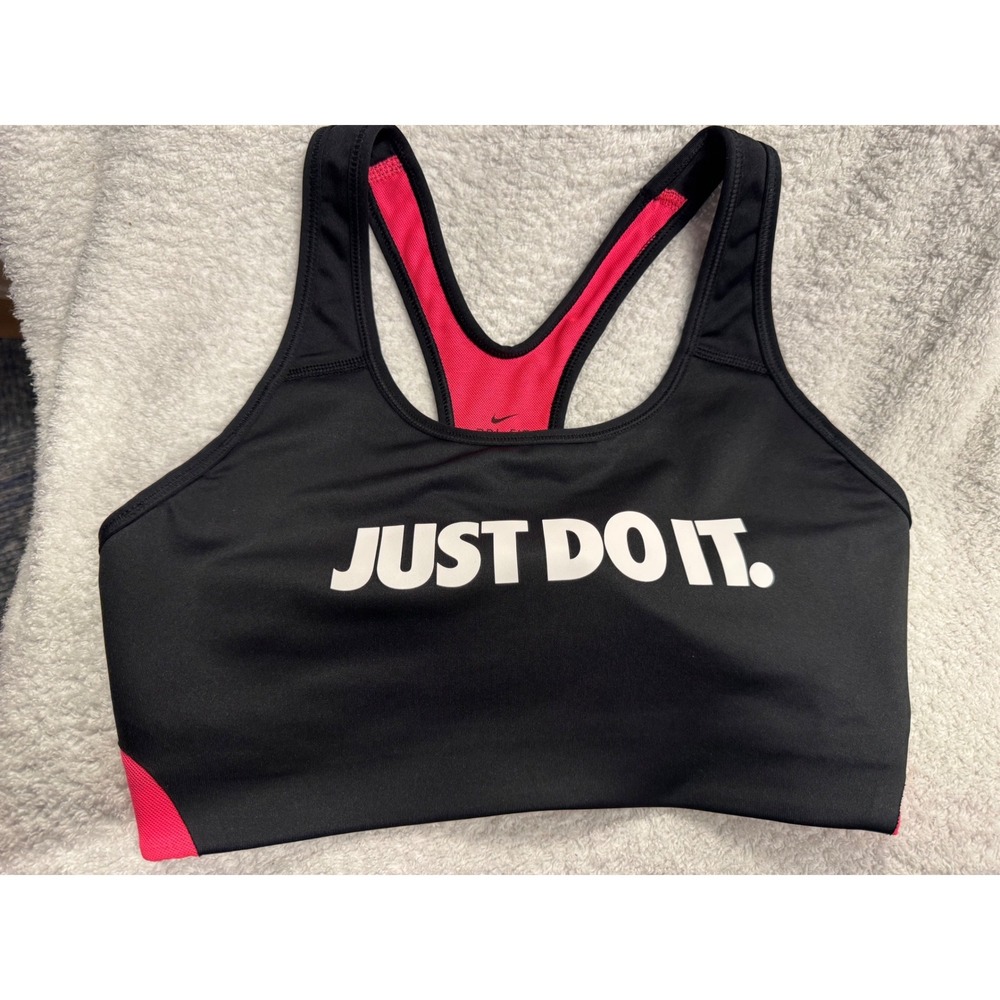 Nike Dri-FIT Just Do It Racerback Sports Bra Black Pink Medium Support Womens M